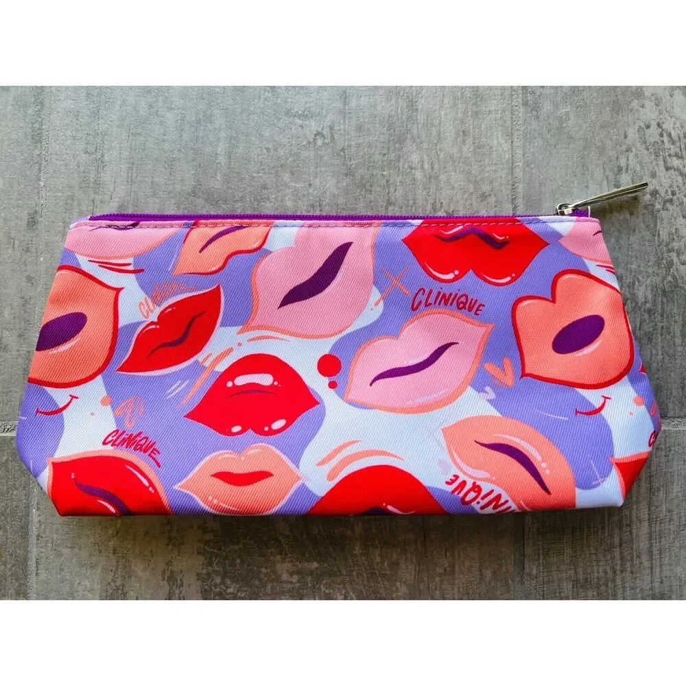 CLINIQUE Lips Purple Pink Red Cosmetic Zipper Travel Makeup Bag Organizer NEW - Picture 1 of 4